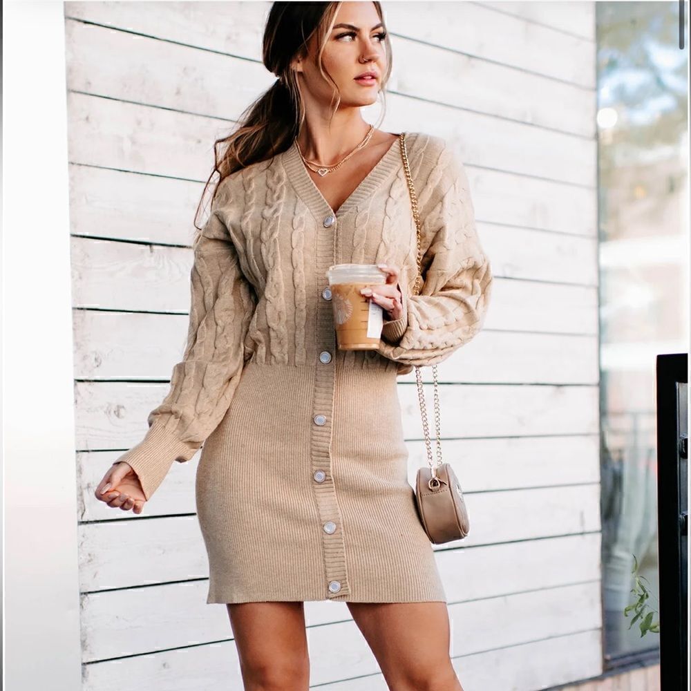 Le Lis Give Me the Tea button front sweater dress pearl medium m tan